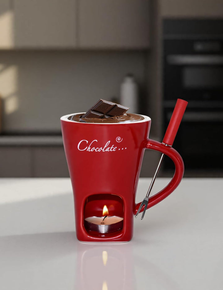 Keramik Schokofondue Tasse Set mit Mit Gabel - 200ml, Rot, Rot