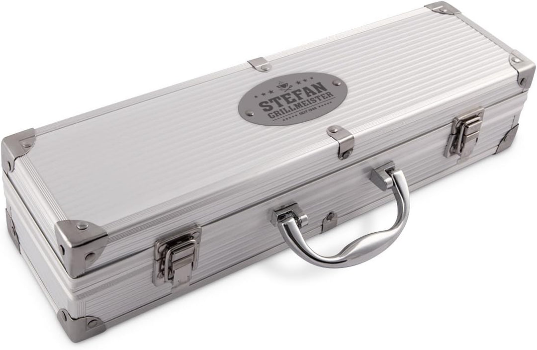 Grillkoffer 3-teilig Grillbesteck Edelstahl Grill Set mit Gravur - Grillmeister, Grillmeister