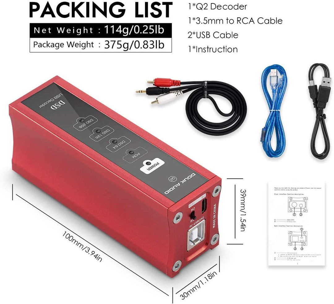 Douk Audio Q2 Mini DAC XMOS XU208 USB Audio Converter Coaxial Digital Interface DSD256 (Red), Red