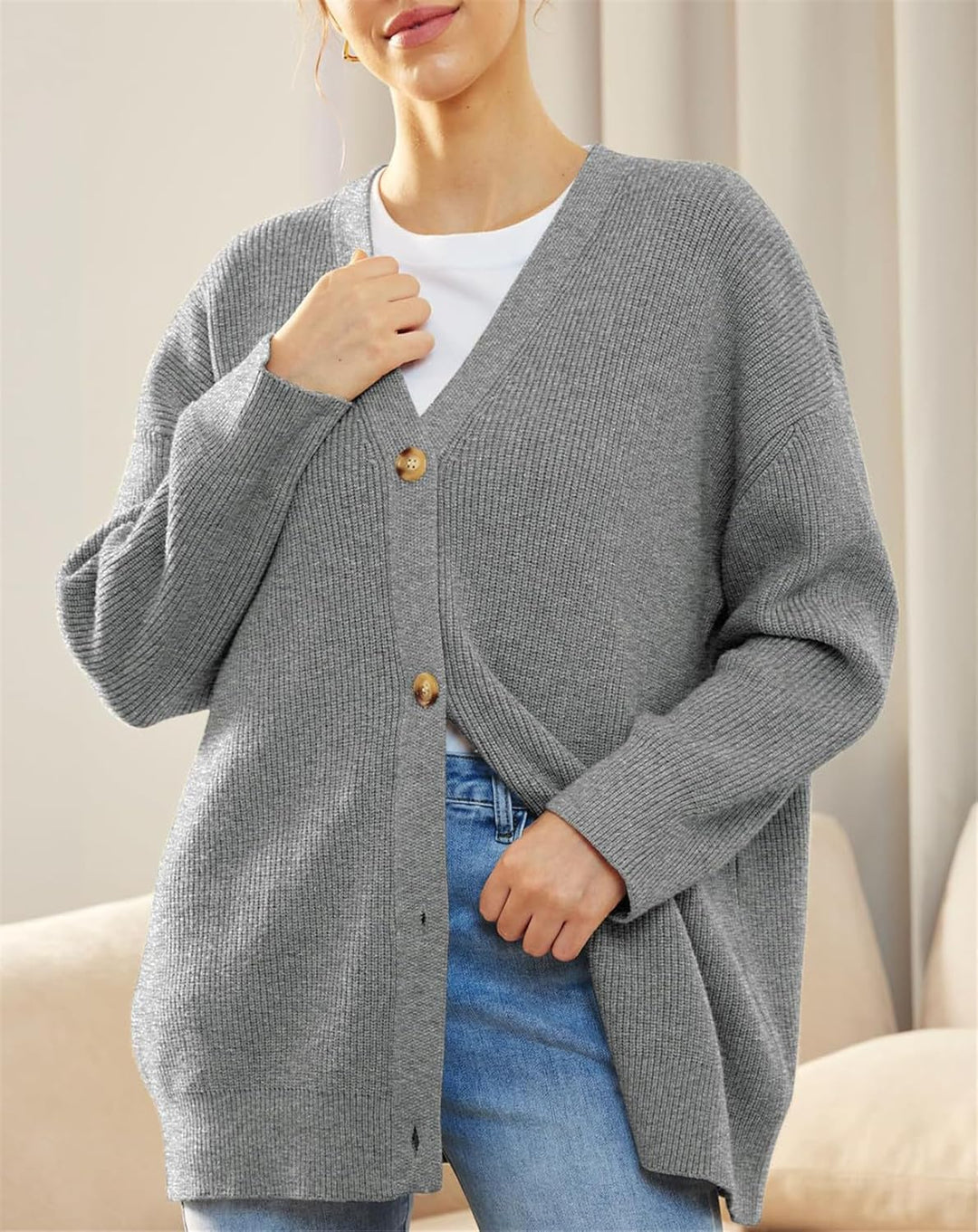MorFansi Damen Strickjacke Strick Outwear V-Ausschnitt Vorne Offen Leicht Lockere Pullover mit Knöpf
