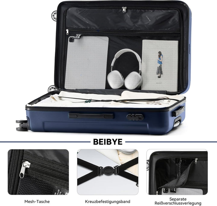 BEIBYE Hartschalen-Koffer Trolley Rollkoffer Reisekoffer Handgepäck 4 Rollen (M-L-XL-Set) (Dunkelbla