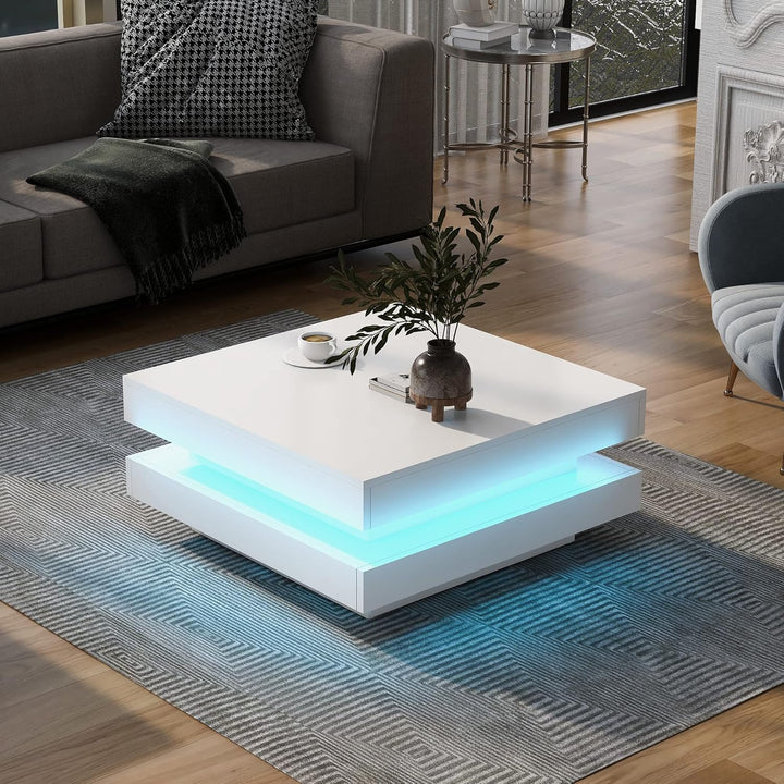 Merax Couchtisch Weiss Hochglanz quadratischer, Moderner Wohnzimmertisch mit drehbarer Platte, Beist