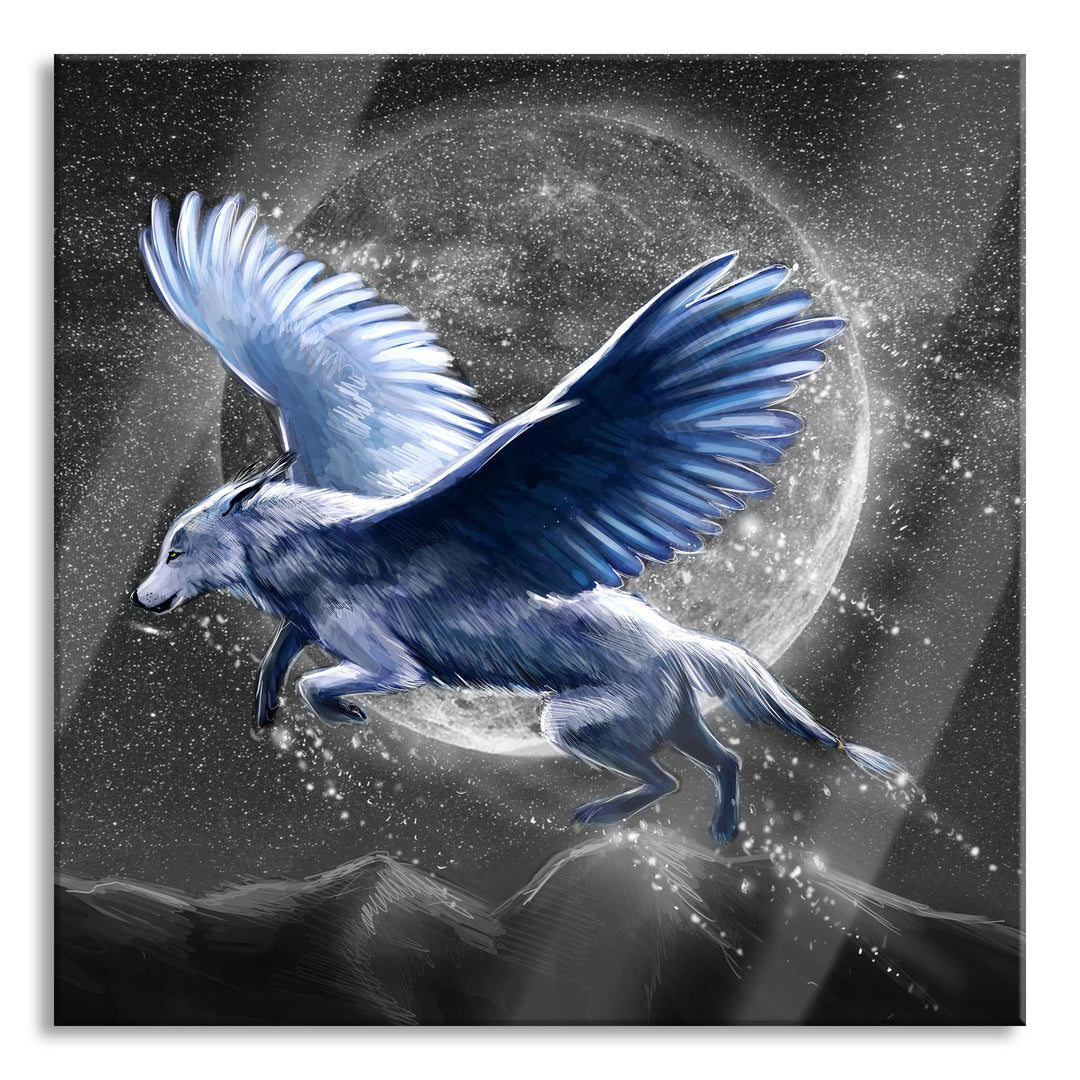 Pixxprint Glasbild | Wandbild auf Echtglas | Wolf mit Flügeln | 80x80 cm | inkl. Aufhängung und Abst