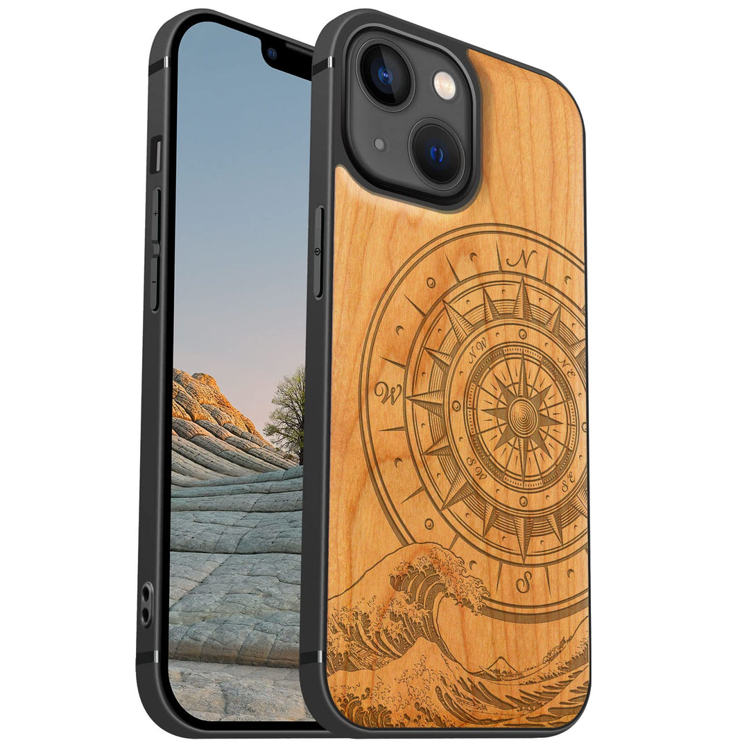 Carveit Magnetisch Hülle für iPhone 13 Mini [Elegante Kirschholz] [Weich TPU Stossstange] Stossfeste
