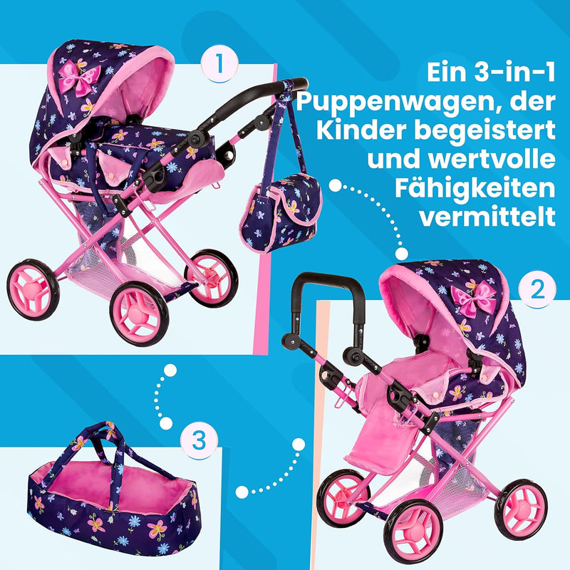 Kinderplay Puppenwagen ab 1 2 3 Jahre Kinderwagen Spielzeug - 3 in 1, Puppenwagen mit Herausnehmbare