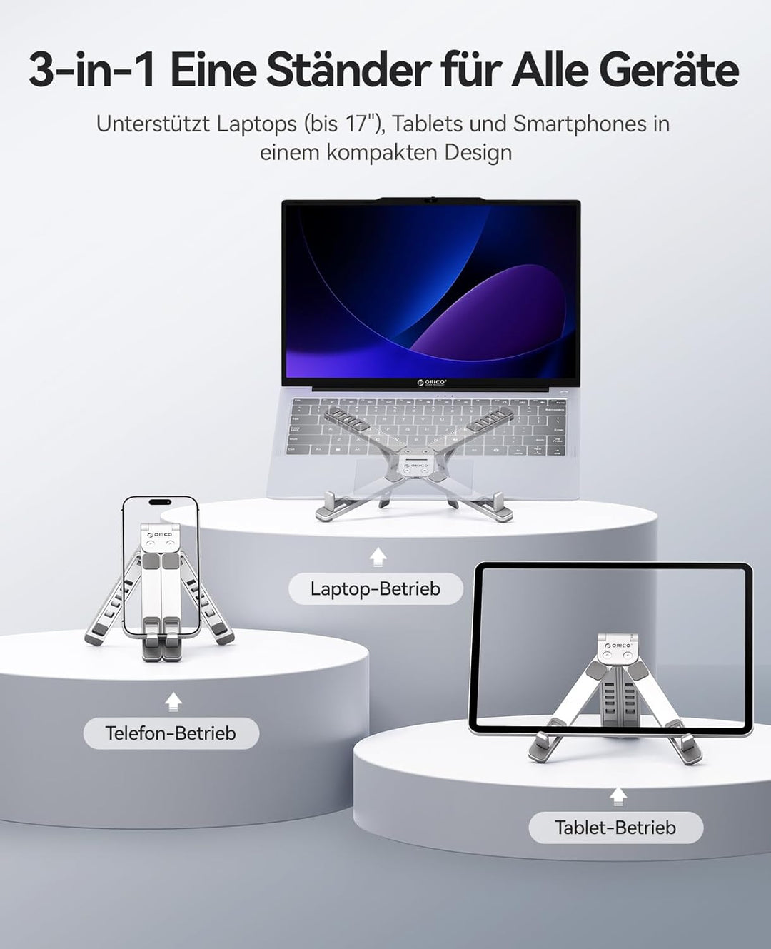 ORICO Tragbarer Laptop Ständer für Schreibtisch & Reise, Faltbarer Aluminium 3-in-1 Halterung für La