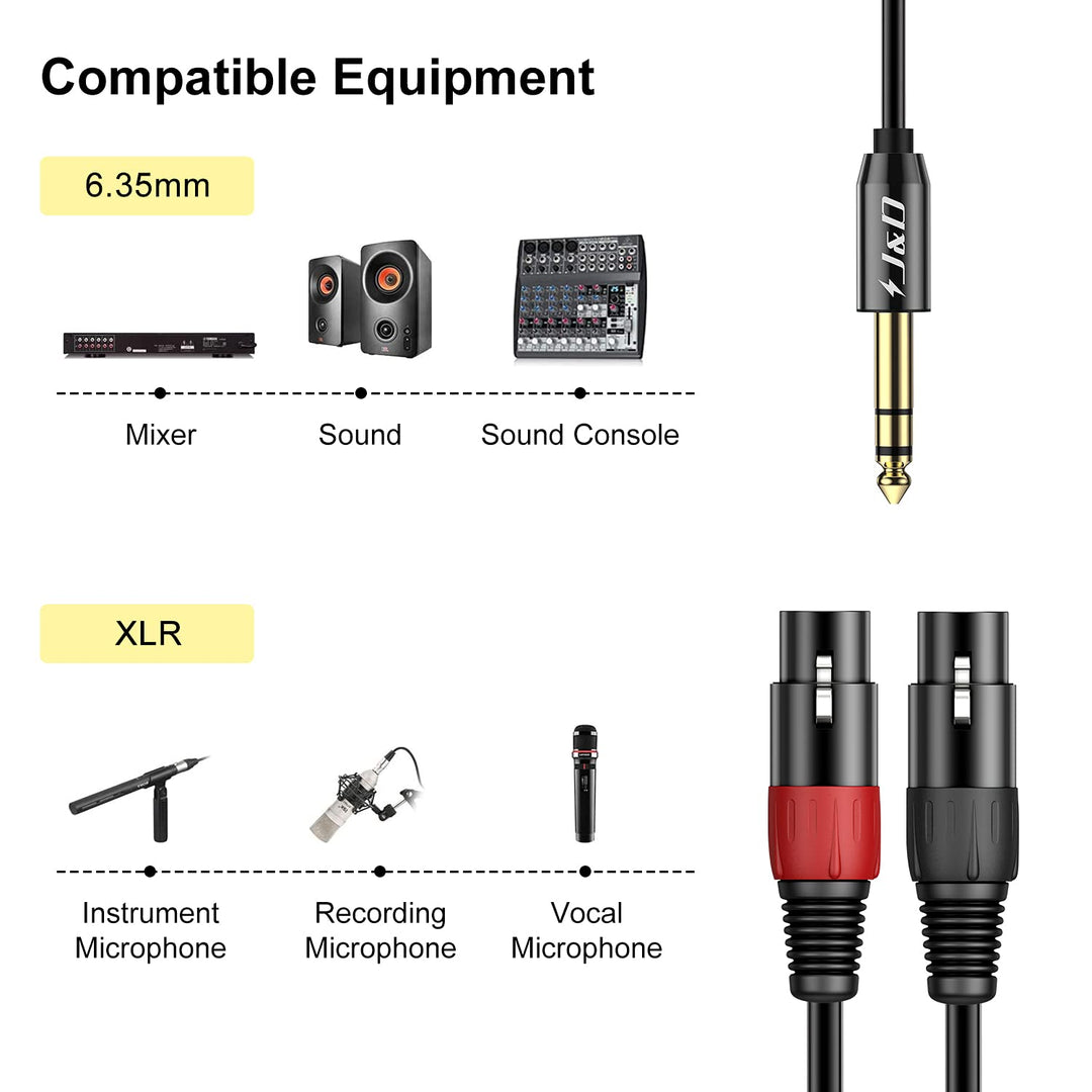 J&D 6,35 mm (1/4 Zoll) TRS Stecker auf Dual XLR Weiblich Y Splitter Kabel, 2 XLR Weiblich zu 6,35mm