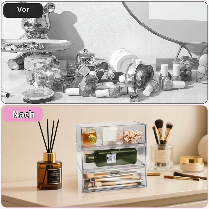 3 Stück Acryl Schubladen Schminktisch Organizer, Stapelbarer Badezimmer Make Up Organizer, Transpare