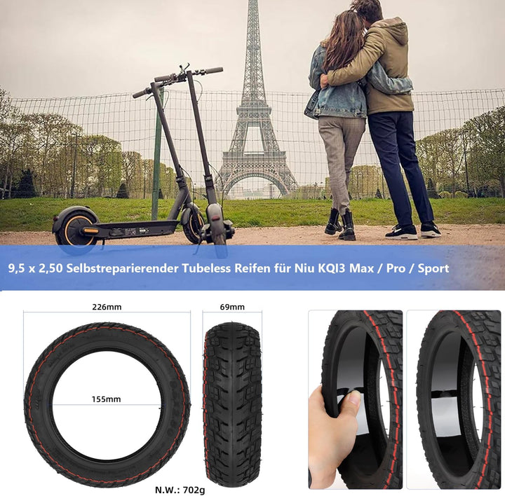 9,5 x 2,50 Selbstreparierender Tubeless Reifen für Niu KQI3 Max/Pro/Sport Elektroroller Ersatzreifen