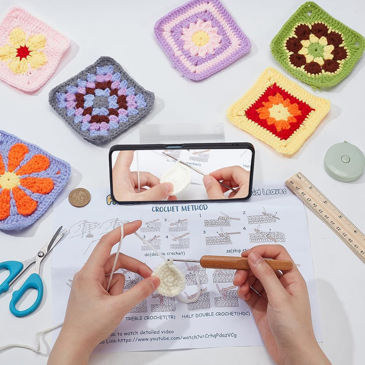 ORIGACH 6 in 1 Häkelset Für Anfänger, DIY Daisy Granny Square Starter Häkelset Mit Häkelblockiermatt