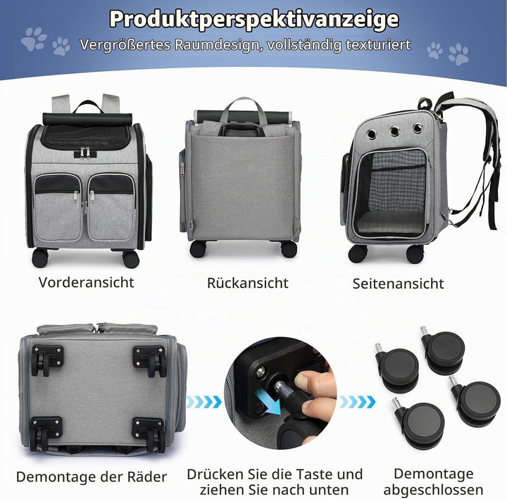 PETCUTE Katzenrucksack Hunderucksack mit Trolley 2 in 1 bis 11 kg,Faltbarer Hundetrolley mit 4 Räder