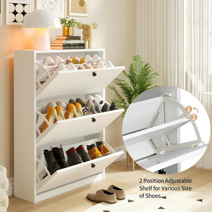 VOWNER Schuhschrank mit 3 Klappen, Schuhregal Schuhkipper Schmal, Schuhschrank Weiss, mit 6 Fächern,