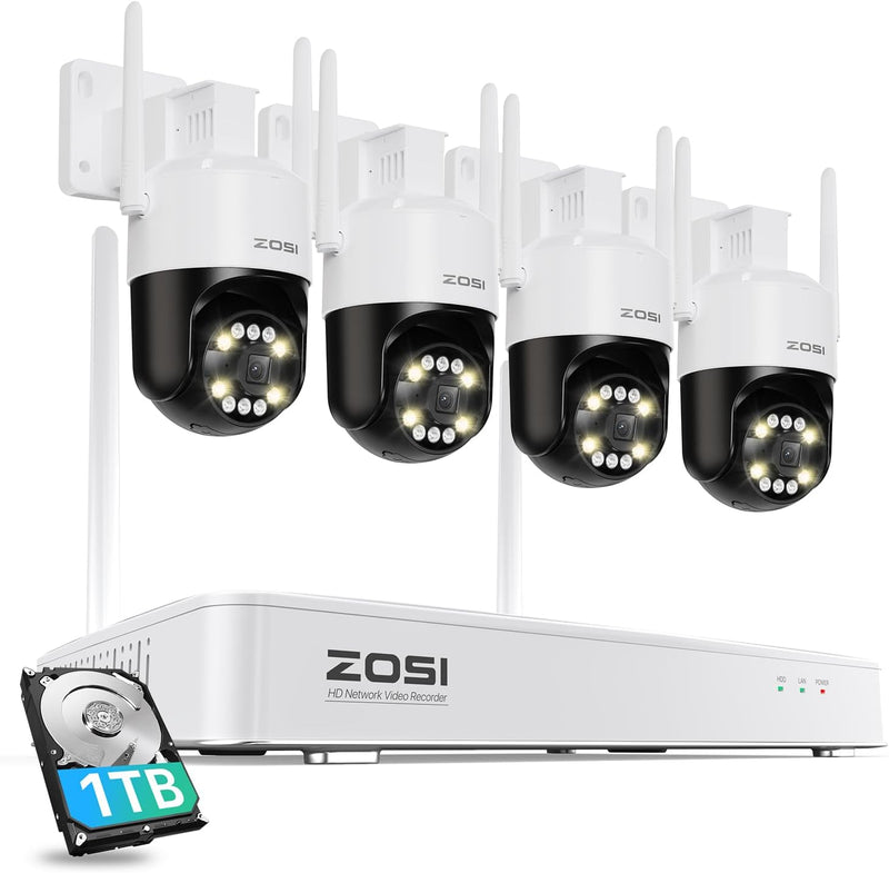 ZOSI 4K WiFi 6 Überwachungskamera Aussen Set, 8MP NVR mit 1TB HDD, 4X 360° WLAN Kamera mit Personen-