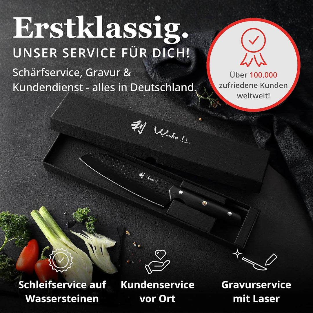 Wakoli Yugen Santokumesser 18 cm | Küchenmesser aus Edelstahl mit G10-Griff | Mattschwarze Titanbesc