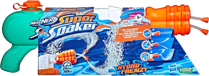 Nerf Super Soaker Hydro Frenzy Water Blaster, Wild 3-In-1 Soaking Fun, Adjustable Nozzle, 2 Water-La