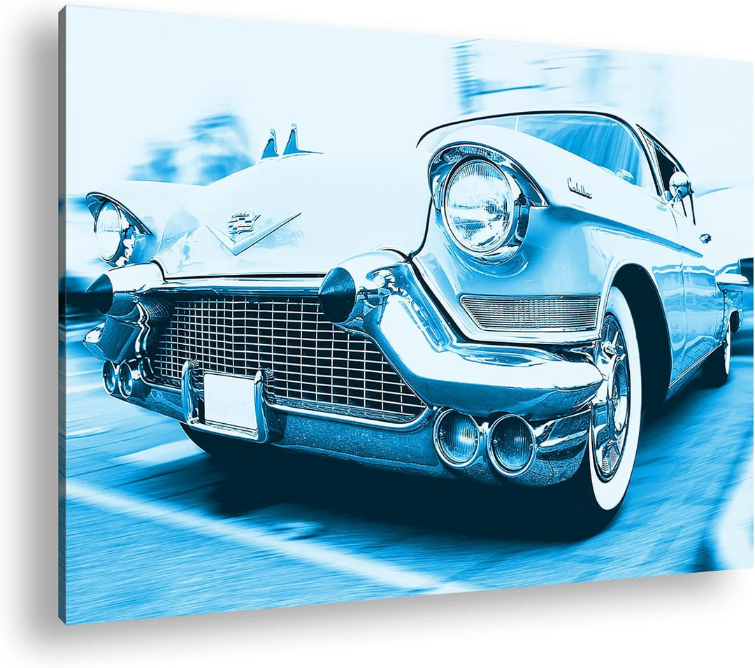 deyoli Ästhetischer Oldtimer Format 80x60 Effekt: Monocrome Blau als Leinwandbild, Motiv fertig gera