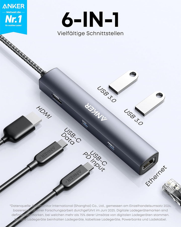 Anker PowerExpand 6-in-1 Ethernet Adapter, PD Hub, 65 PD, 4K HDMI, 1Gbps Ethernet, Daten, 2 USB 3.0