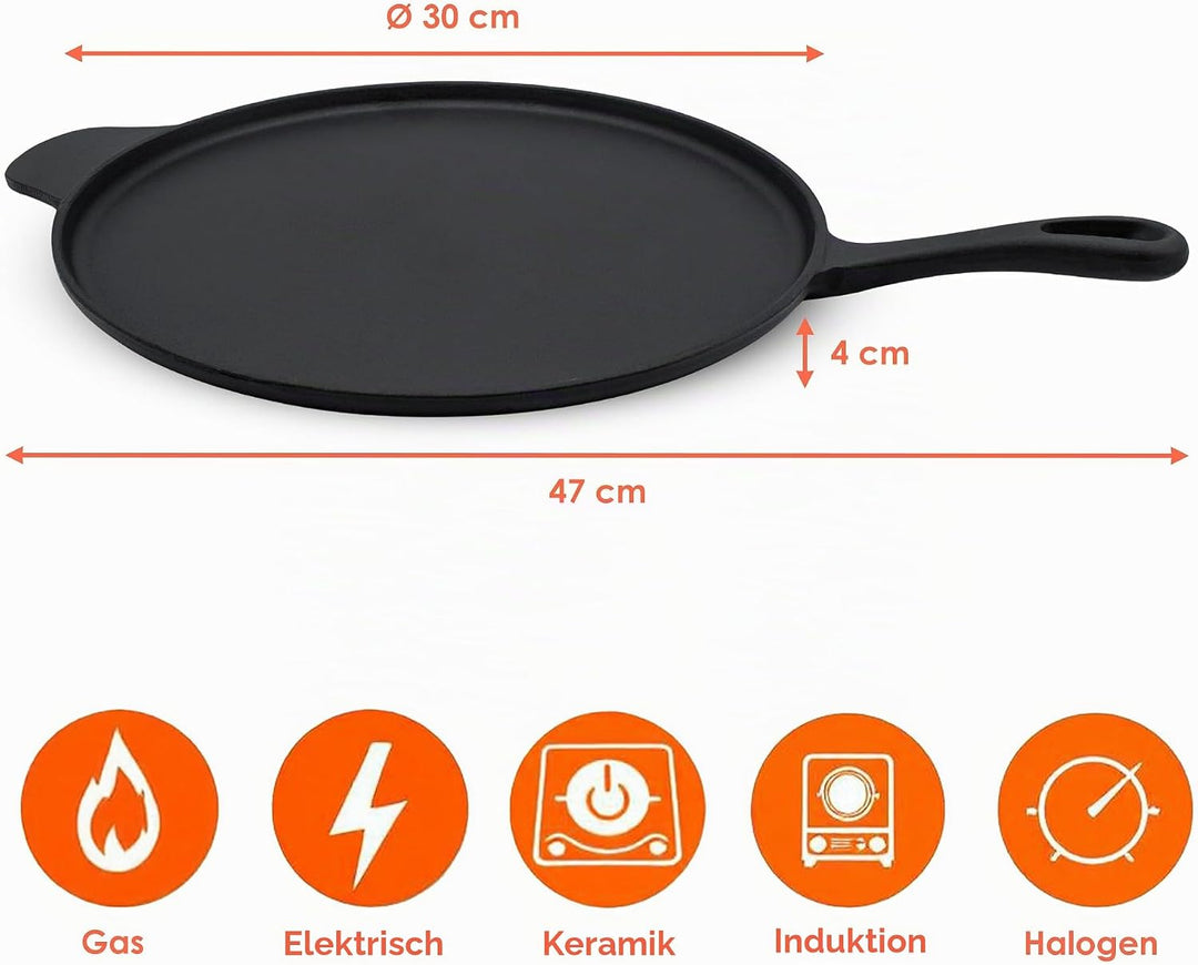 Spetebo Gusseisen Pizza und Crepes Pfanne - 30 cm - Gusspfanne Servierpfanne Gusseisenpfanne für Her