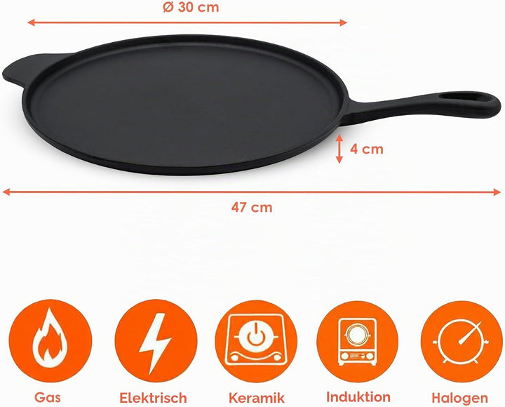 Spetebo Gusseisen Pizza und Crepes Pfanne - 30 cm - Gusspfanne Servierpfanne Gusseisenpfanne für Her