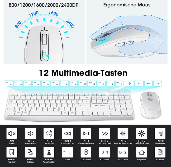 KOORUI Tastatur und Maus Kabellos, Wiederaufladbar Leise Maus Tastatur Set Deutsches Layout QWERTZ m