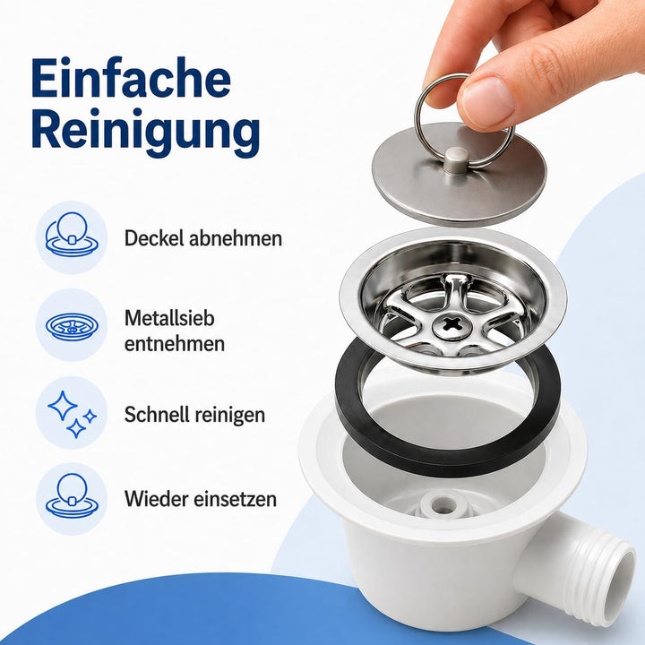 Ablaufgarnitur für SMEV-Spülen 19 mm, weiss, mit verchromtem Metallsieb und Deckel