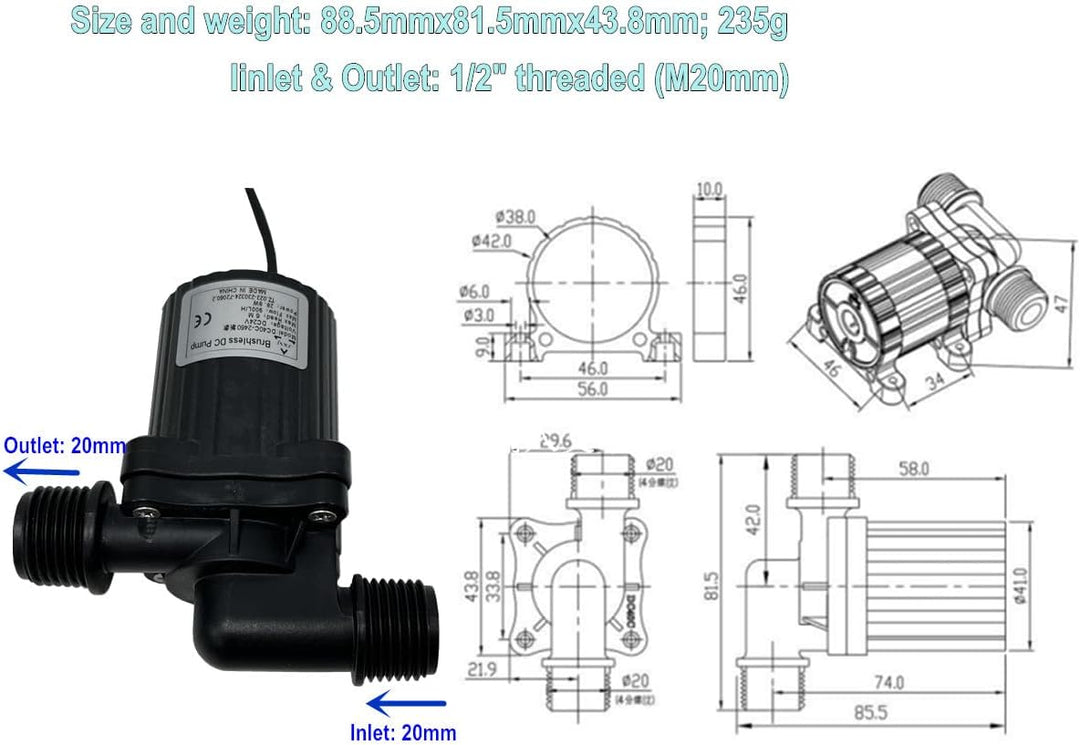 SHYSKY DC40C-2460 Micro Wasserpumpe DC bürstenlos, 24 V 28 W, 6 m 900 LPH, wasserdicht, geräuscharm,