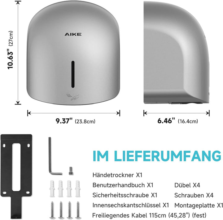 AIKE GentleAir Warmluft Handtrockner, Leise für Zuhause & Bäder, AC220V-240V, Sterntal Silber, Stern