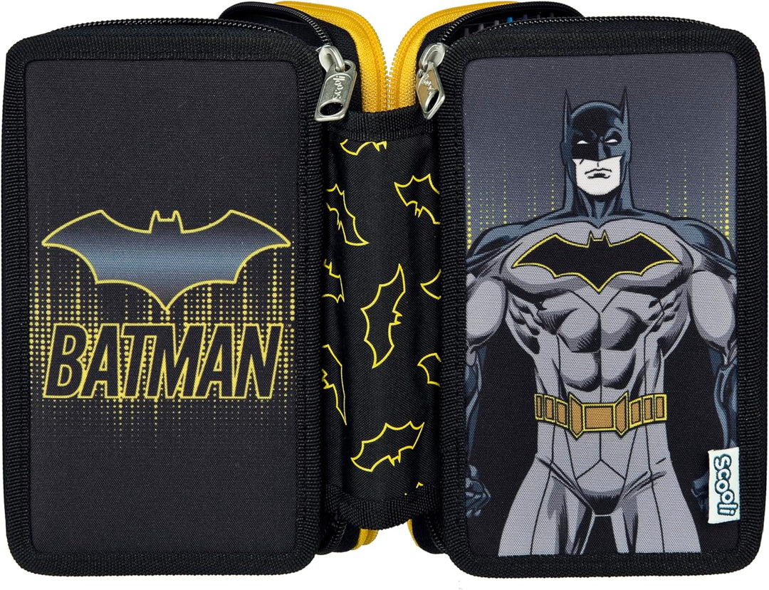 Scooli - Tripledecker Batman - Gefülltes Schüleretui mit hochwertigen Stiften & Zubehör - Ideal für