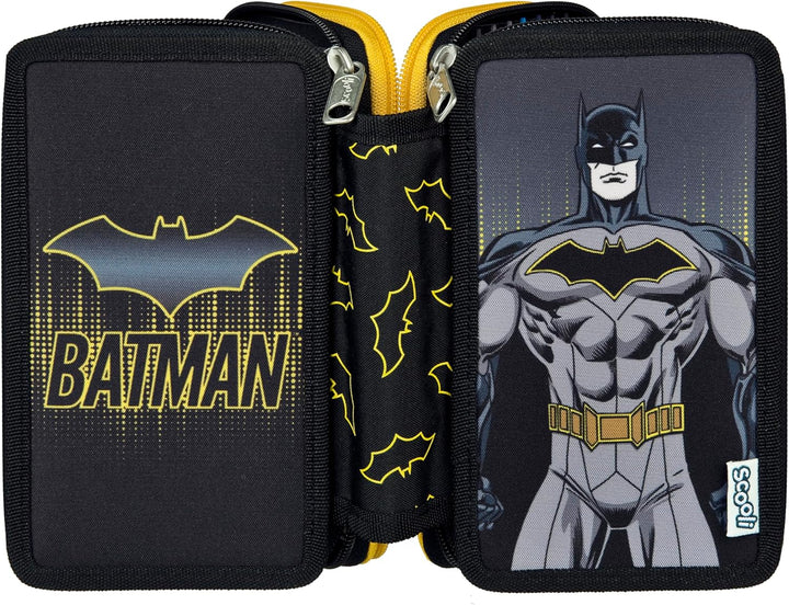 Scooli - Tripledecker Batman - Gefülltes Schüleretui mit hochwertigen Stiften & Zubehör - Ideal für