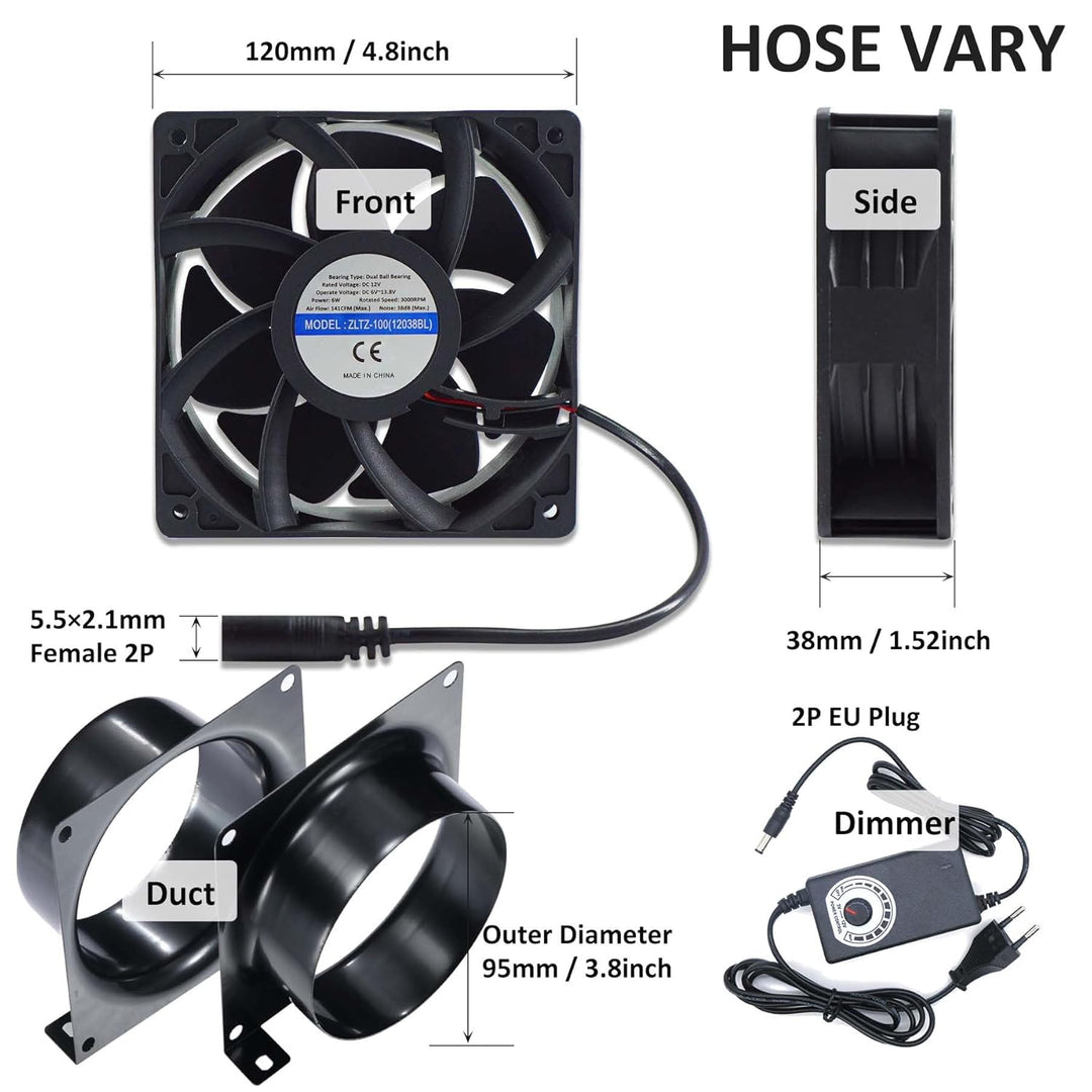 DC12V Rohrventilator 100mm, 3000U/min Lüfter Axiallüfter Abluftventilator 100mm, mit 0~100% Dimmer,