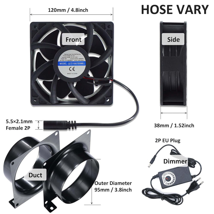 DC12V Rohrventilator 100mm, 3000U/min Lüfter Axiallüfter Abluftventilator 100mm, mit 0~100% Dimmer,