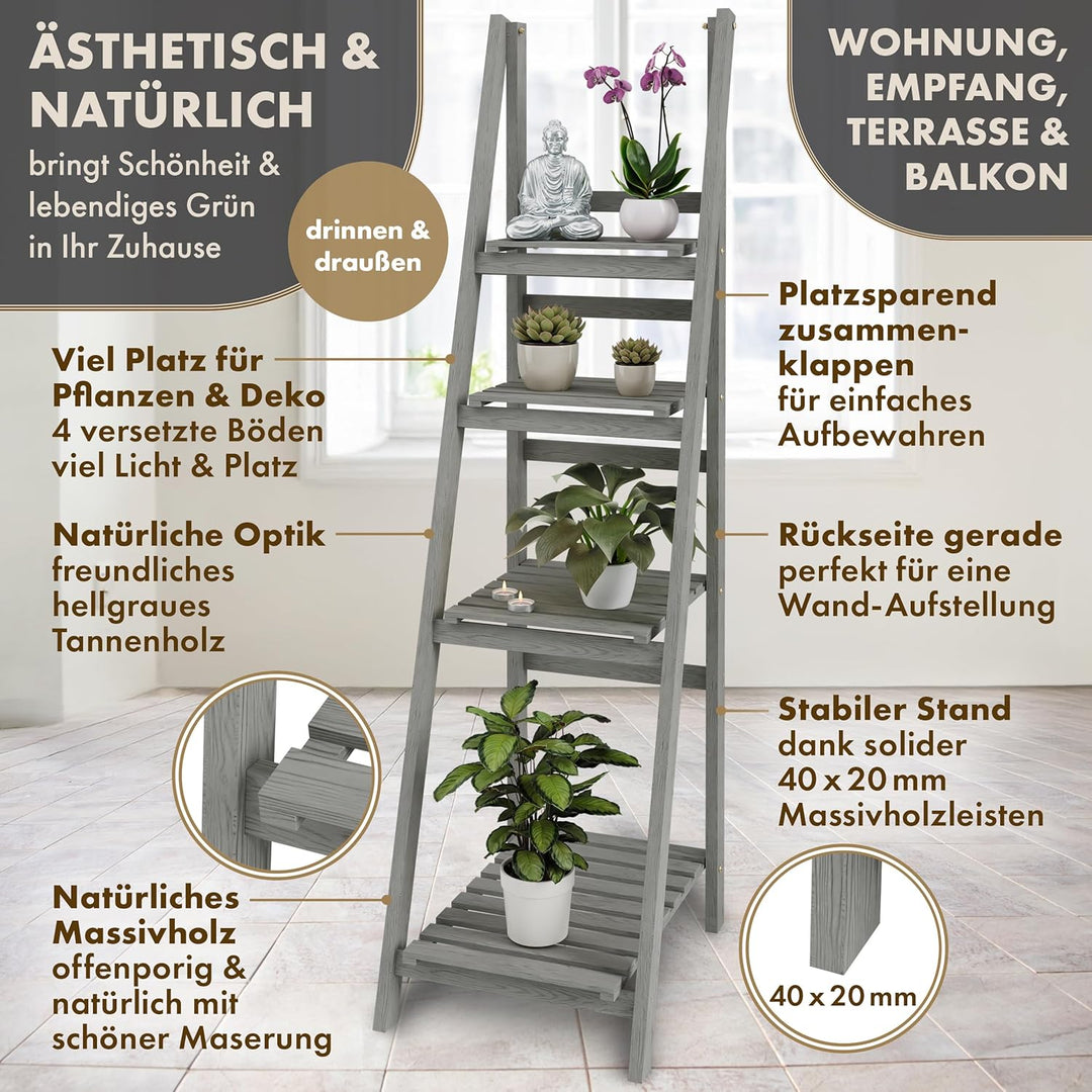 Blumenleiter Flower Ladder L 160x41x50cm hellgrau - 4-Ebenen Natur Holz Leiterregal Blumentreppe Blu