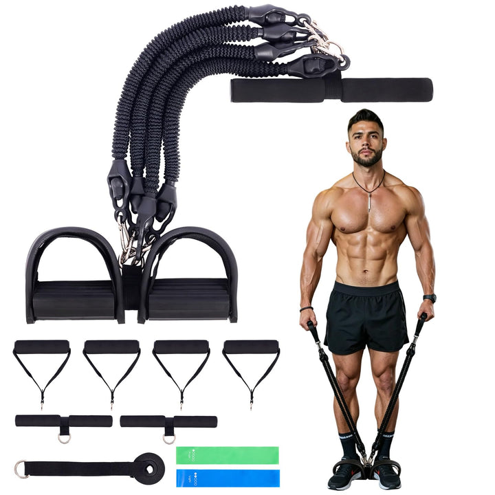 Sit-Up Trainingsgeräte, 45kg Bauchtrainer mit Gummigriffen und 6 Tubes Elastische Zugseil, Einstellb