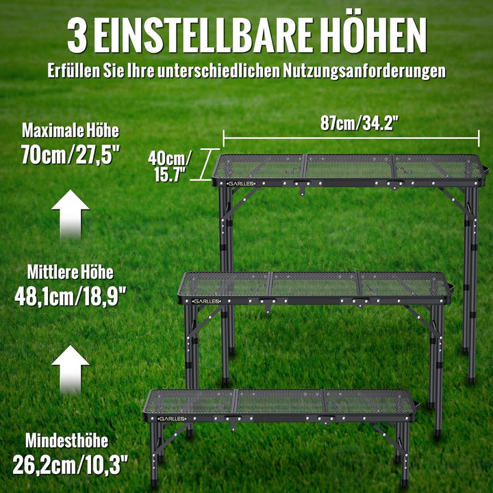 GARLLEN Grilltisch klappbar, 87x40cm & 3 Höhenverstellbar(26/48/70cm), Leicht und Tragbar, Klapptisc