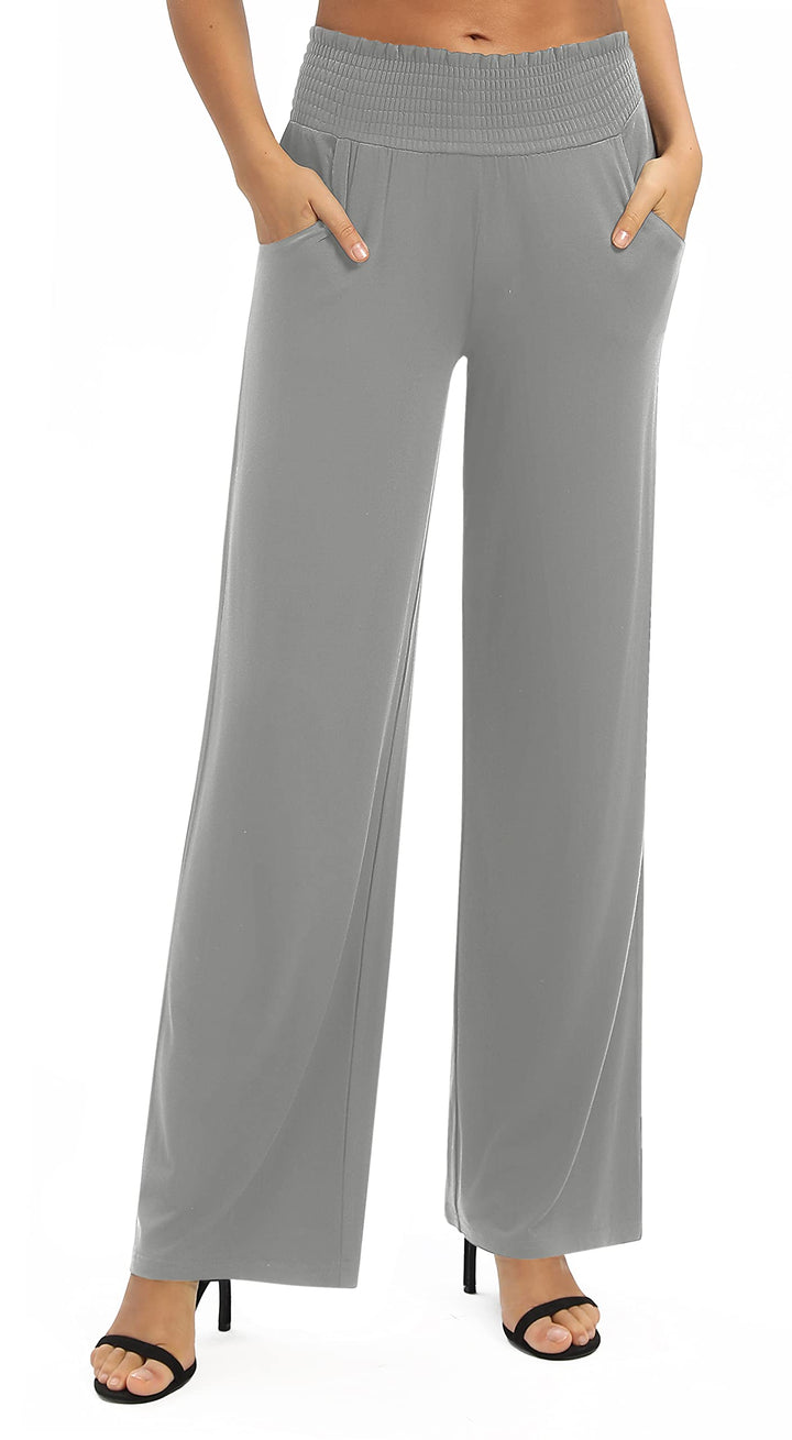EXCHIC Damen Einfarbig Lose Gerade Geschnitten Palazzo Hose Hohe Taille Dehnbar Lounge Hose mit Tasc