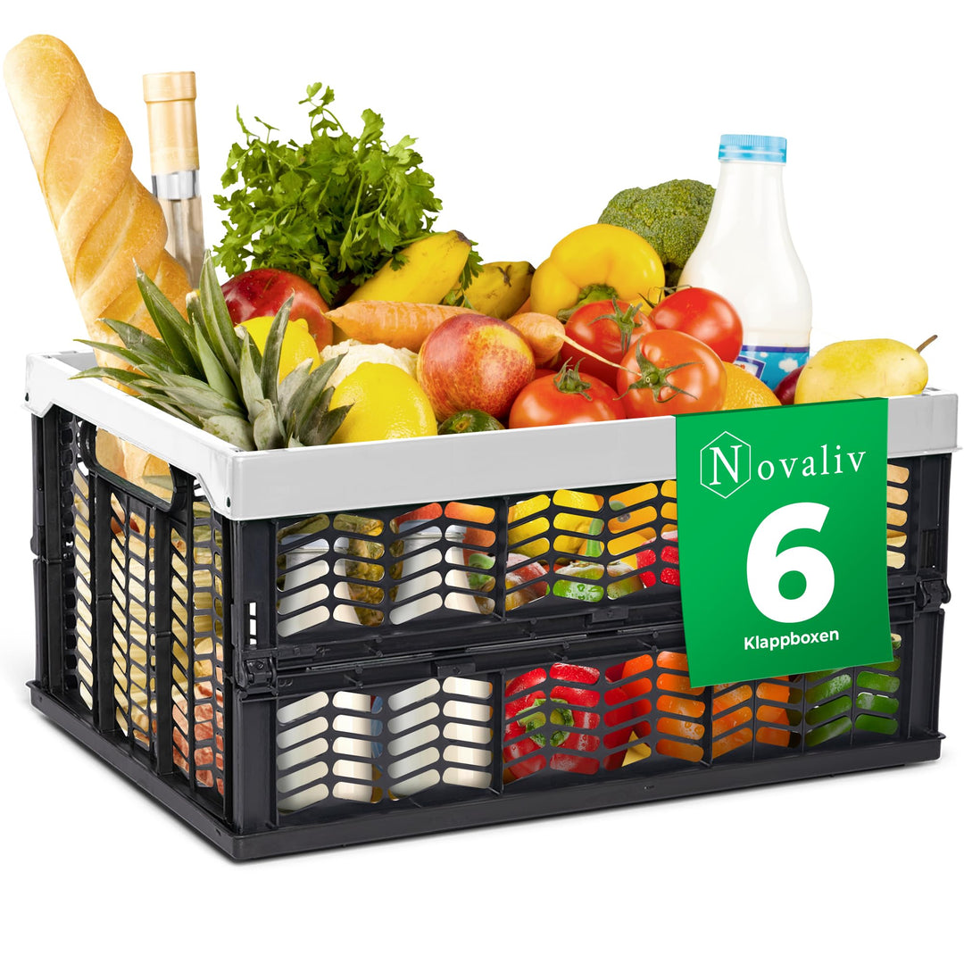 Novaliv Klappboxen faltbar stabil 6x 30L Grau Schwarz baskets Einkaufskiste Klappkisten Set Tragebox