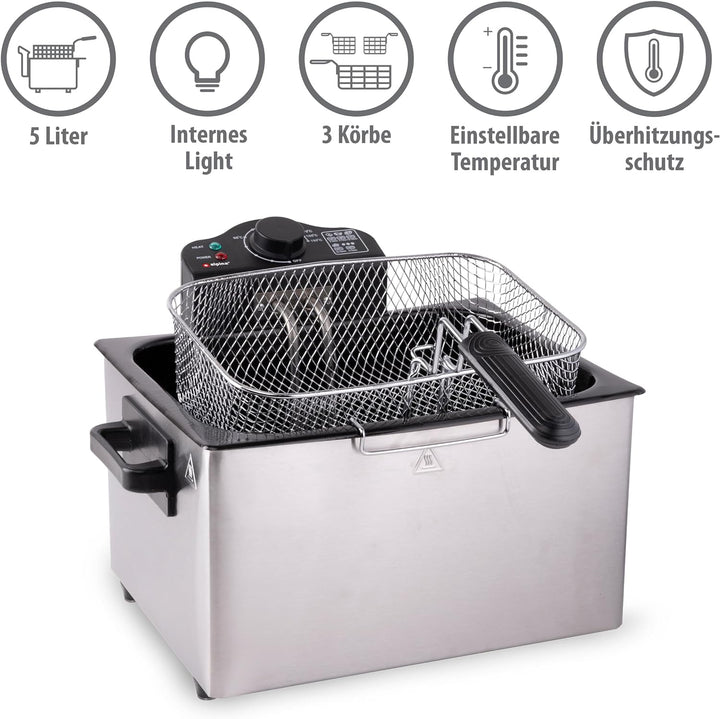 alpina Fritteuse - 3 Körbe - 5 Liter - 2000 Watt - Thermostat bis 190 °C - Anti-Heizung - Edelstahl