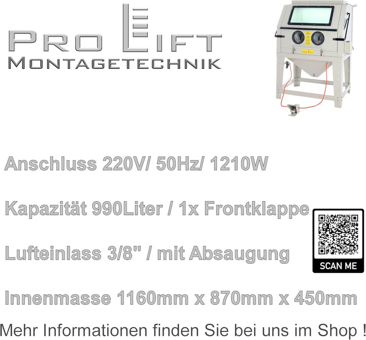 Sandstrahlkabine 990 Liter inkl. Zubehör, eingebaute Absaugung und Öffnungsklappe, SBC990AJ, 01650