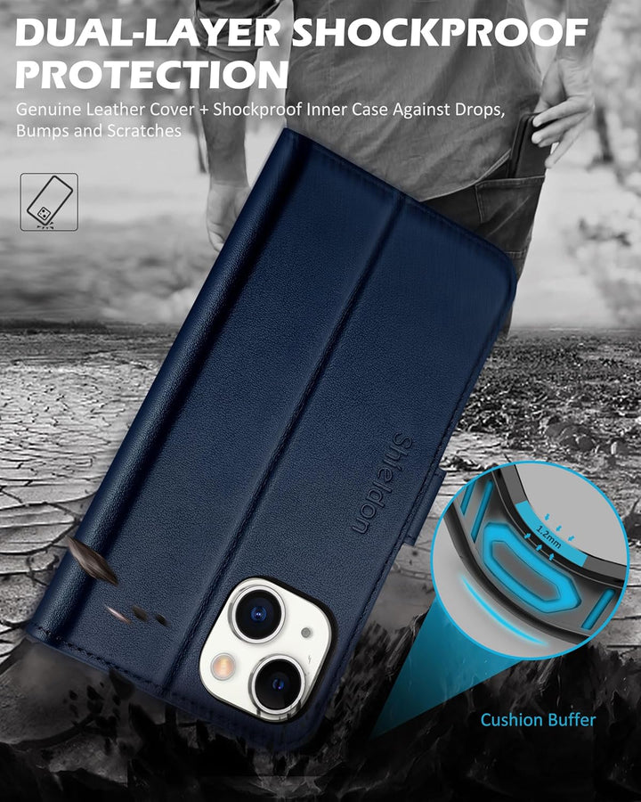 SHIELDON Klapphülle für iPhone 14 Plus 6,7", Marineblau | Stossfest, Kartenschlitz, Magnetverschluss