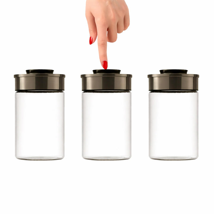 BURI Vorratsglas Vakuumglas 3er Set 1300ml | Vorratsdosen Glas mit Edelstahl Deckel & Vakuum Klick-M