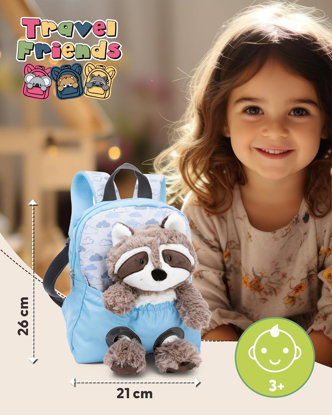NICI Kinderrucksack blau 2 in 1 mit Kuscheltier Waschbär 25cm - Kindergartenrucksack Mädchen & Junge