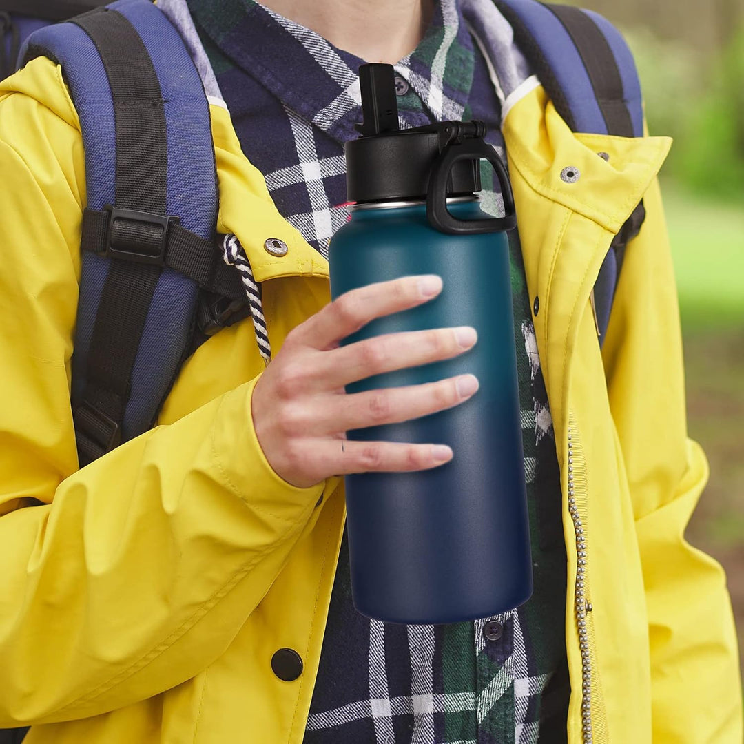 Volhoply 1 Liter Trinkflasche Edelstahl mit Strohhalm,Doppelwandig Vakuum Isolierte Thermosflasche m
