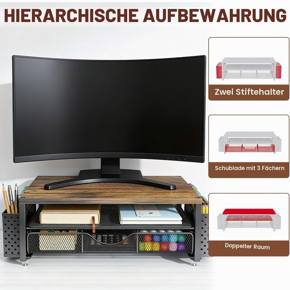 Monitorständer, Monitorständer Mit 2 Ebenen, Schreibtisch Organizer | mit Schublade und 2 Stifthalte