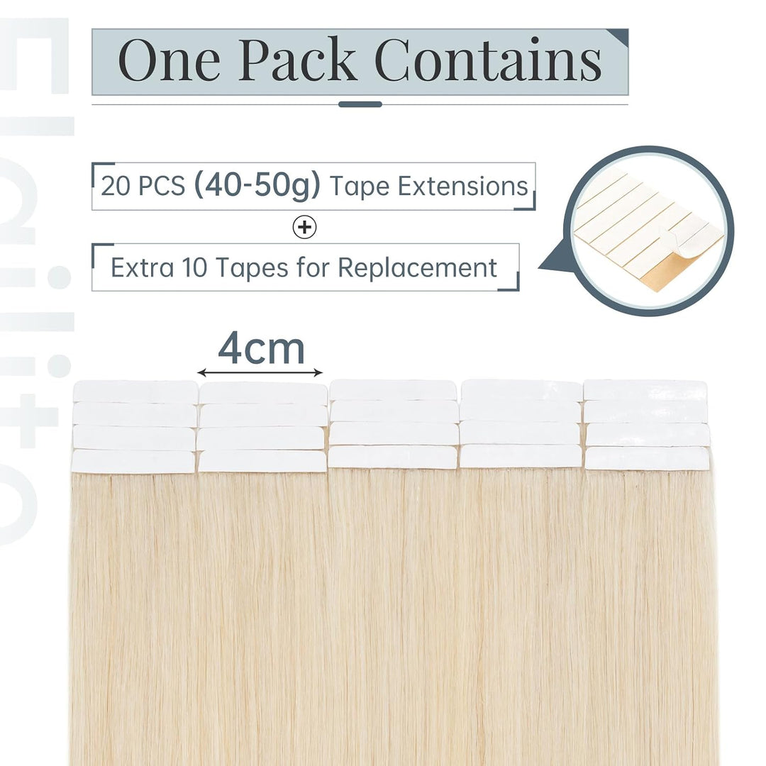 Elailite Echthaar Extensions Tape in Extensions 20 Stück 50g/set, Glattes Haarverlängerungen 60cm 