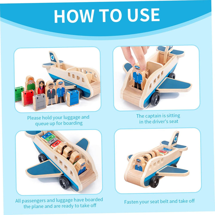 Passagierflugzeug-Set aus Holz, Spielzeugflugzeug mit 4 Spielfiguren und 4 Koffern für Kleinkinder,