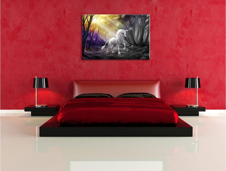 Pixxprint Einhorn im Märchenwald als Leinwandbild/Grösse: 100x70 cm/Wandbild/Kunstdruck/fertig bespa