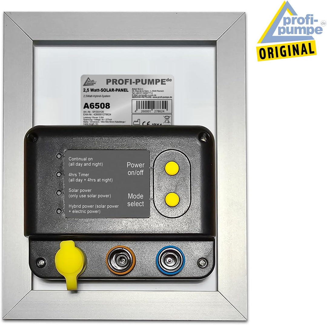 INNOVATIVES SOLAR 2,5 Watt-Hybrid-System. Solar-Panel mit Anschluss an 230V-Netzadapter zur Erweiter