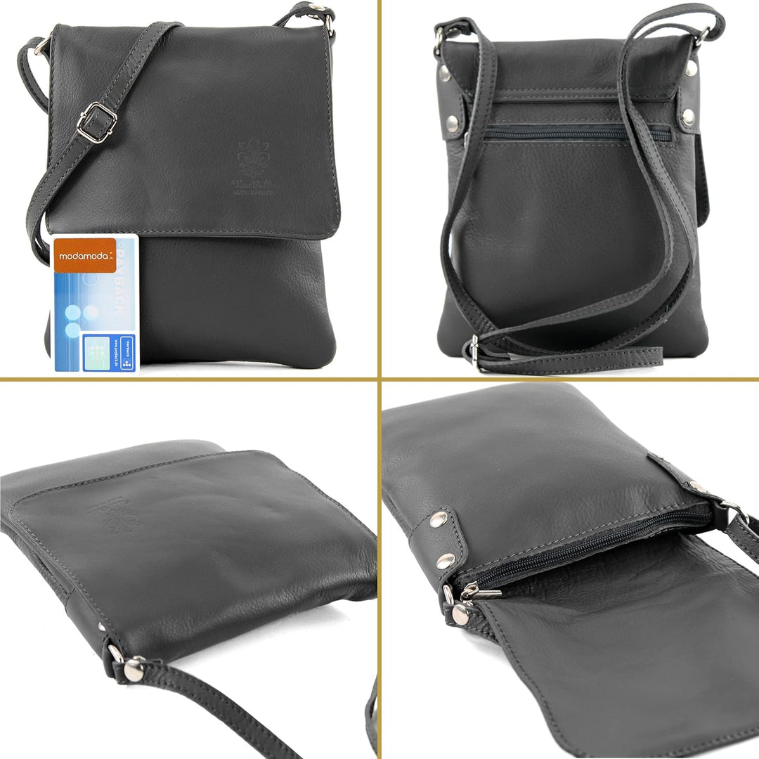 modamoda de - T34 - ital Damen Umhängetasche Schultertasche Klein Hellbeige/Braun, Hellbeige/Braun