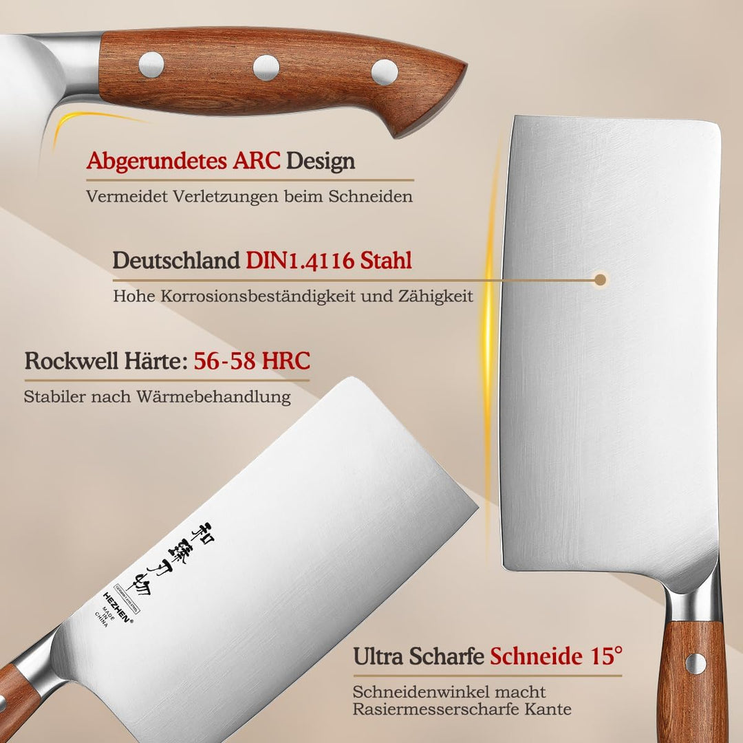 HEZHEN 18cm Hackmesser, Profi Chinesisches Kochmesser, German Stahl Scharf Küchenmesser, Gemüse Flei