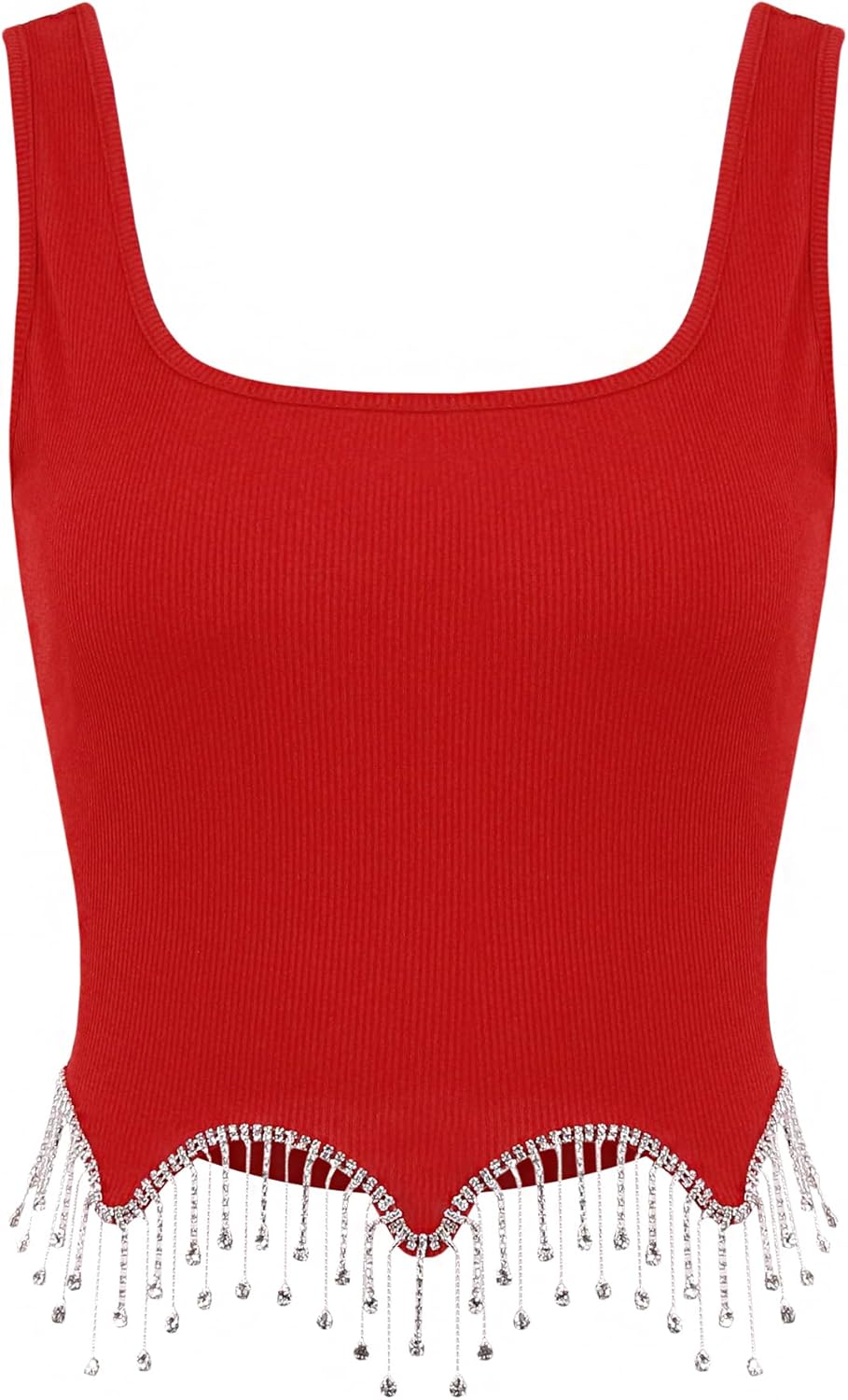 Naimo Damen Crop Top mit Strass Fransen Ärmellos Geripptes Tank Top Sexy Weste Slim Fit Cropped Ober